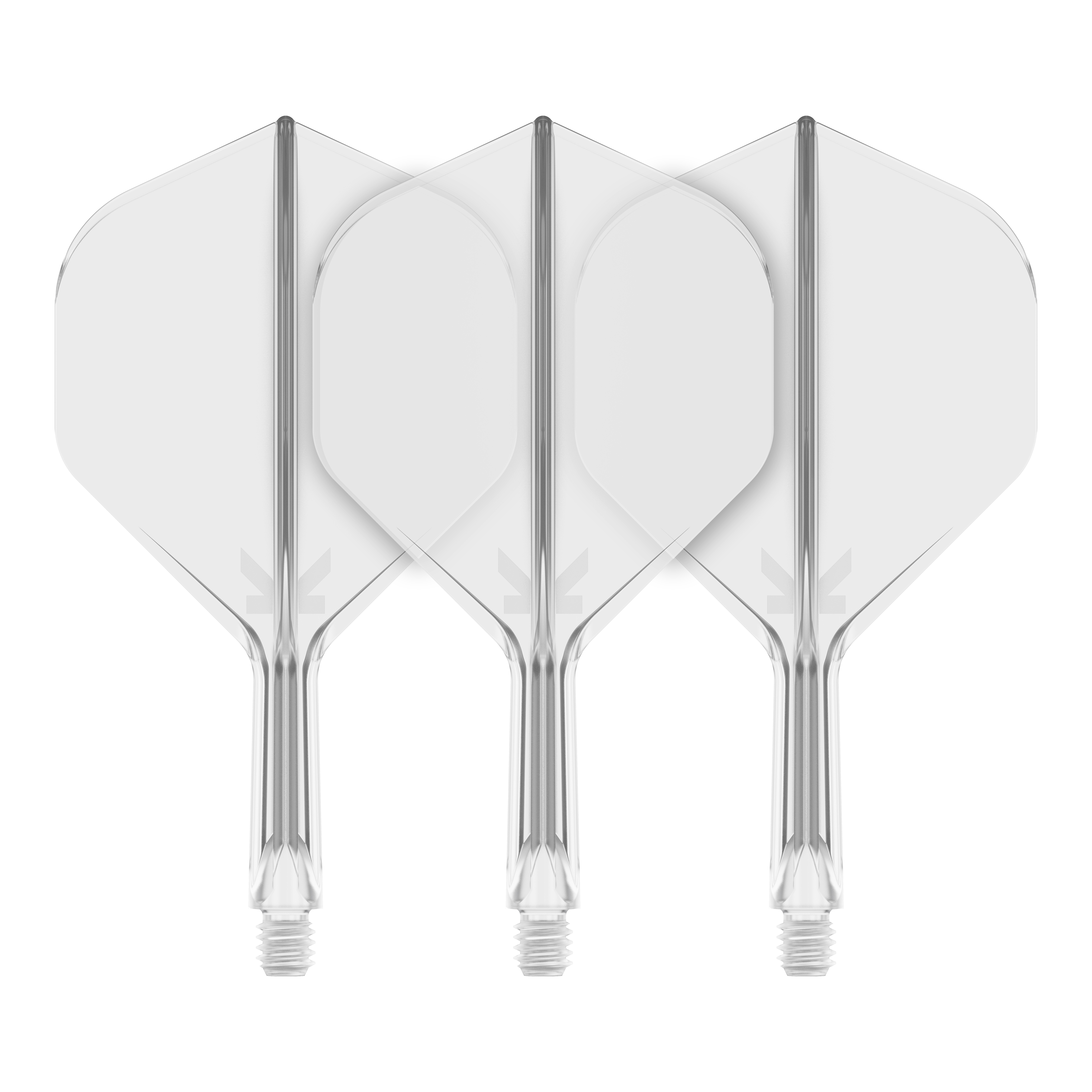 Target K-Flex No2 Standard Flight System - Clear Auf dem Bild sind drei transparente Dart-Flights mit Standardform zu sehen. Sie sind nebeneinander angeordnet und haben klare, glatte Kanten.