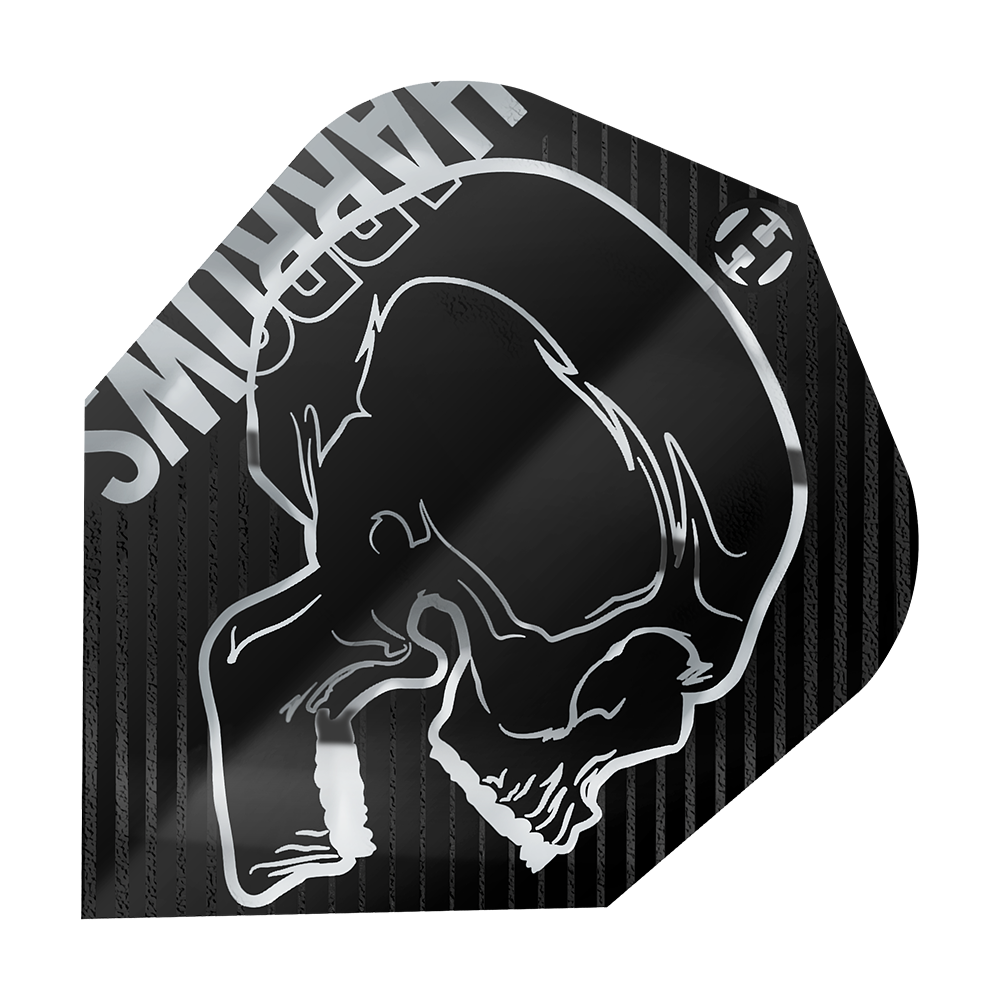 Harrows Rage Silver No6 Flights Das Bild zeigt das Produkt "Harrows Rage Silver No6 Flights". Auf dem Flight ist ein silberner Totenkopf auf schwarzem Hintergrund abgebildet.