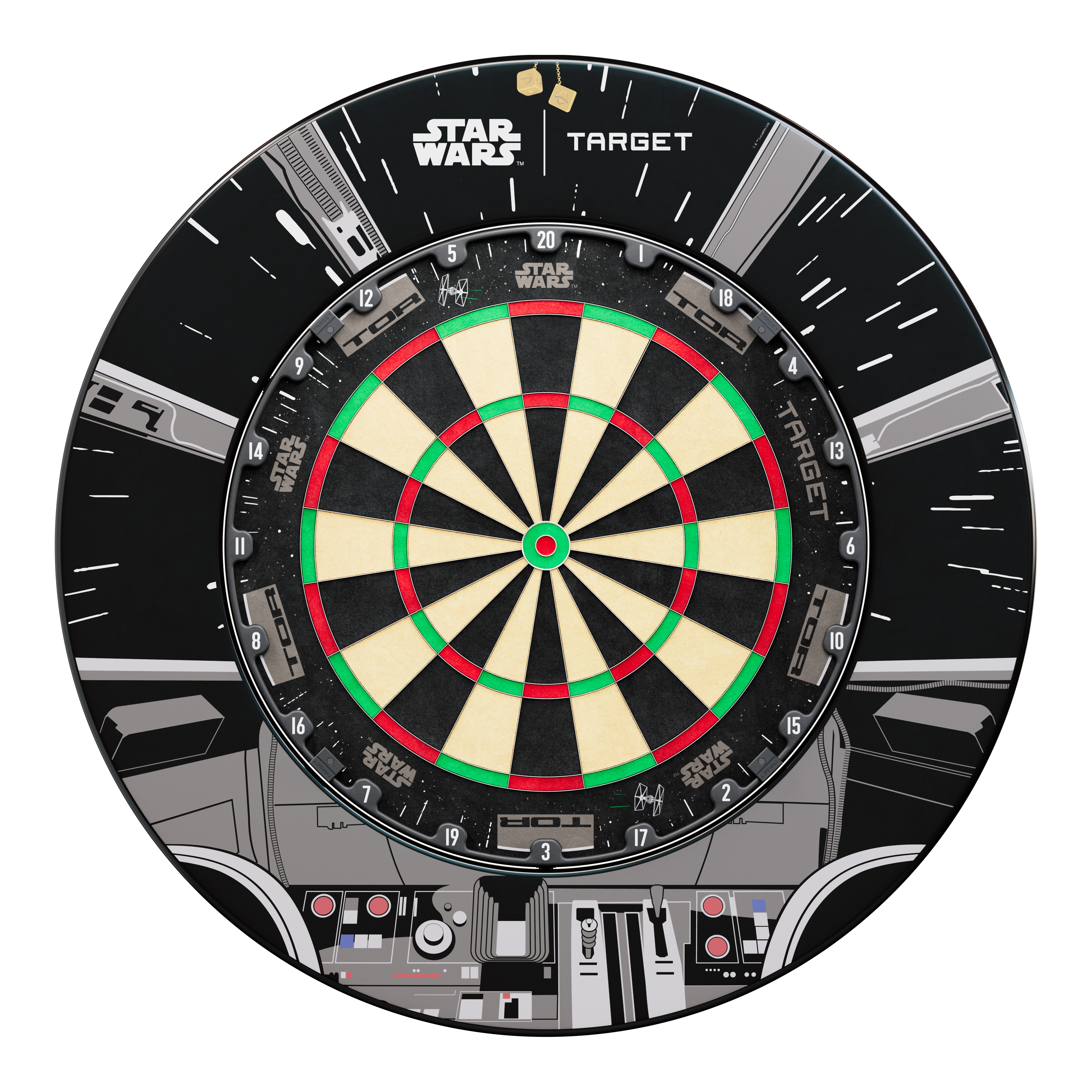 Dieses Bild zeigt das Target Star Wars Millennium Falcon Surround Board Bundle. Es handelt sich um ein spezielles Bundle für Dartliebhaber und Star Wars Fans.