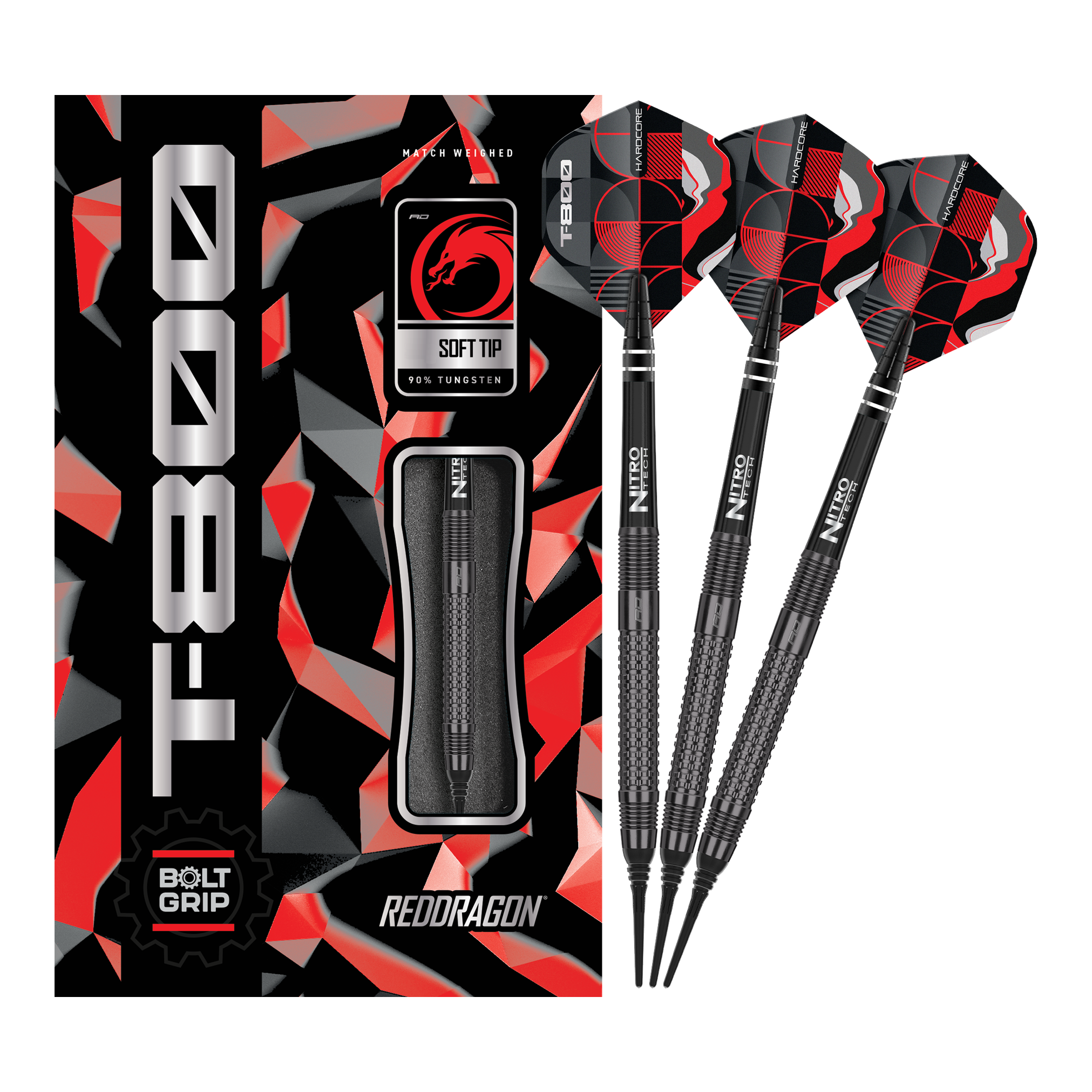 Red Dragon T-800 soft darts - 20g Das Bild zeigt die Red Dragon T-800 Softdarts mit 20g Gewicht in einer schwarzen und roten Verpackung. Drei schwarze Softdarts mit roten und schwarzen Flights sind neben der Verpackung abgebildet.