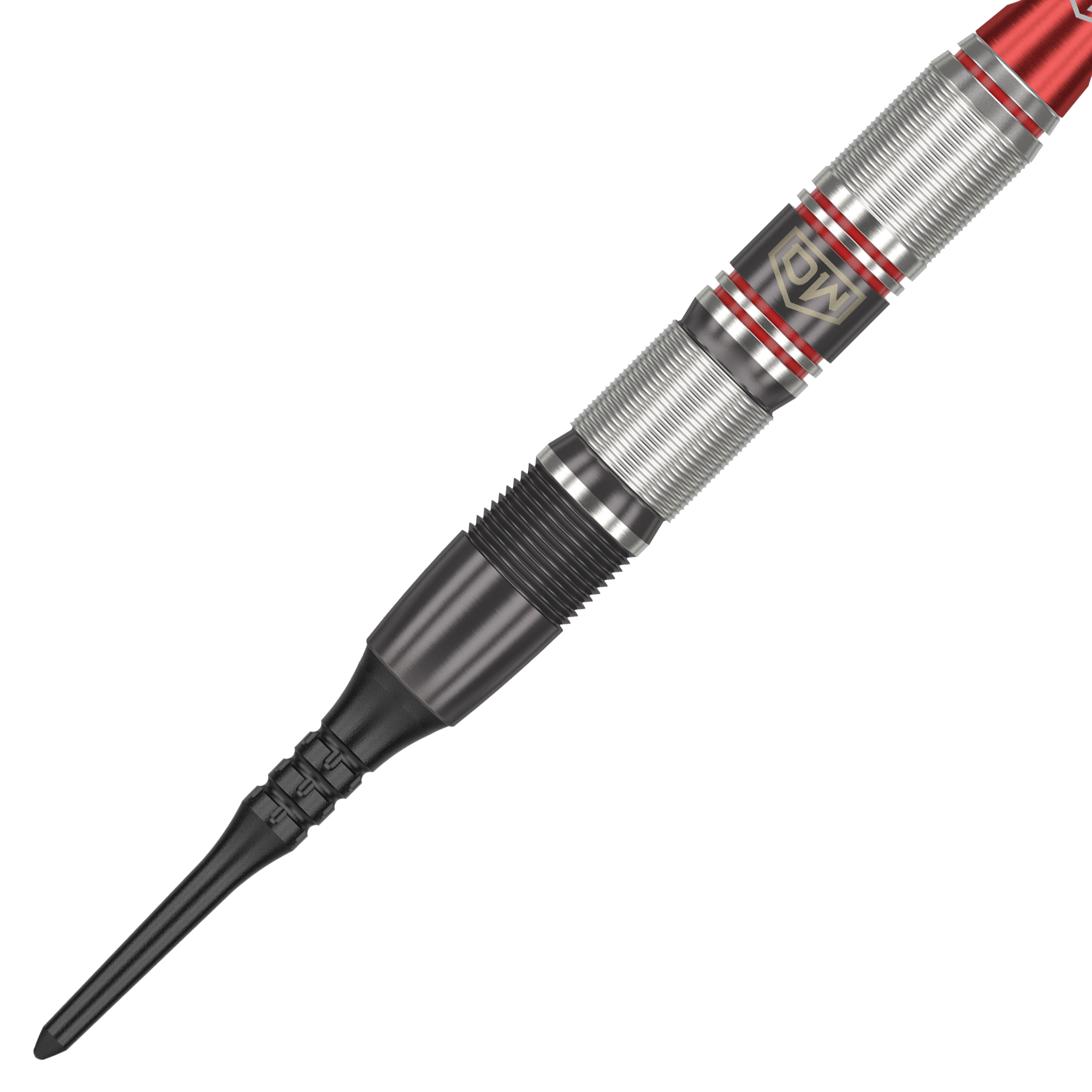 DW Piranha Razor 02 Softdarts Das Bild zeigt einen DW Piranha Razor 02 Softdart mit einer schwarzen Spitze und silbernem, rot akzentuiertem Griff. Das Design wirkt hochwertig und sorgt für guten Halt beim Werfen.