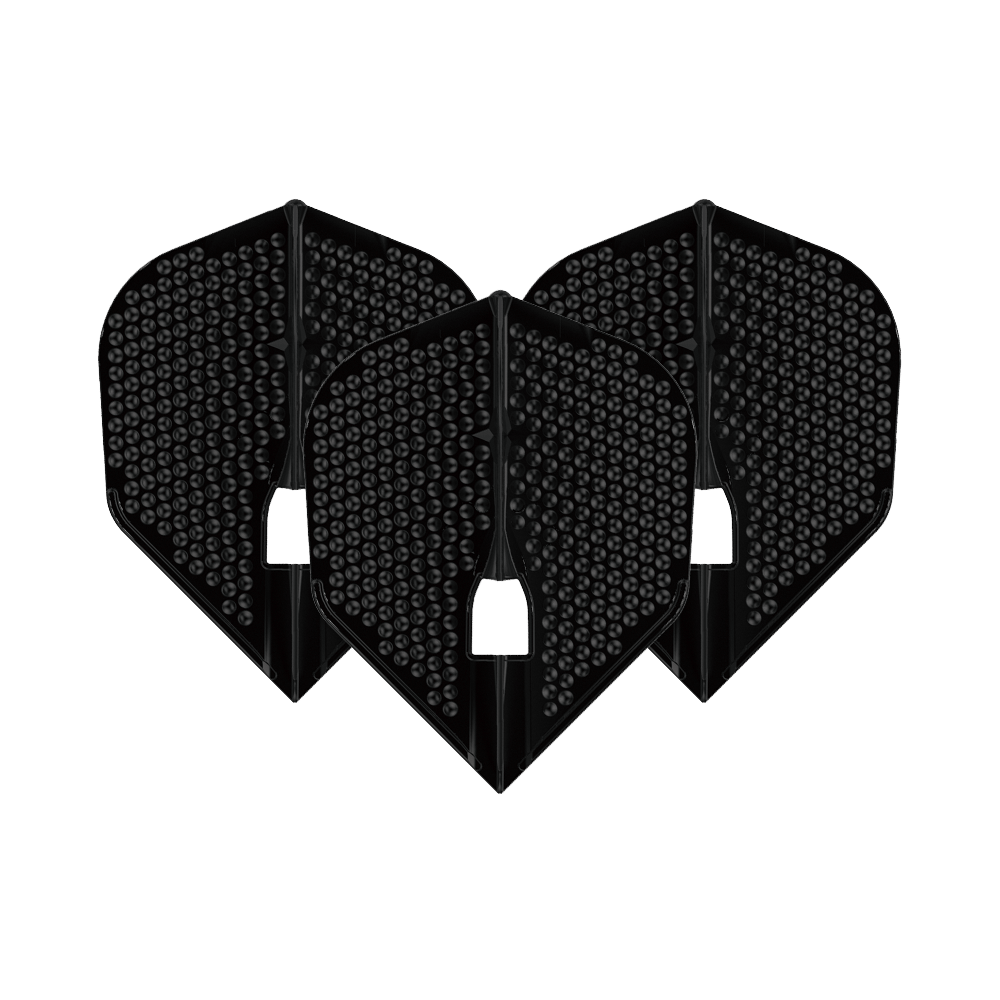 L-Style Flights Dimple Champagne L3PRO Shape Das Bild zeigt drei schwarze L-Style Flights Dimple Champagne L3PRO Shape. Sie haben eine strukturierte Oberfläche mit kleinen runden Vertiefungen.