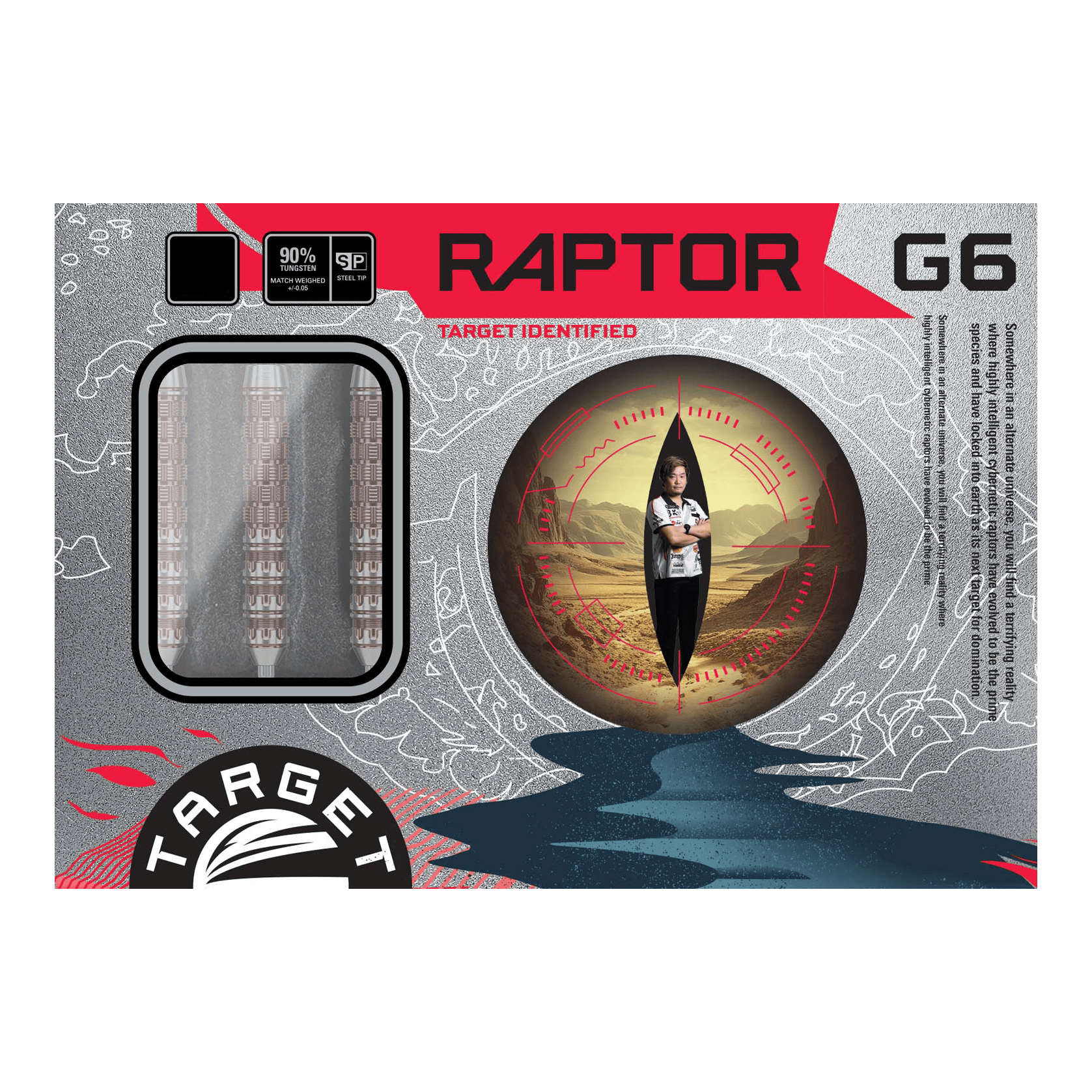 Abgebildet sind die Target Japan Prime Series George Nishitani Raptor GEN6 Swiss Point Steeldarts. Sie bieten ein professionelles Spielerlebnis.