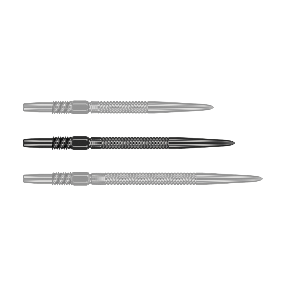 Target Swiss Point Nano Dartspitzen - Black Das Bild zeigt drei schwarze Dartspitzen des Produkts "Target Swiss Point GRD Black Dartspitzen". Sie sind nebeneinander angeordnet und haben eine strukturierte Oberfläche.