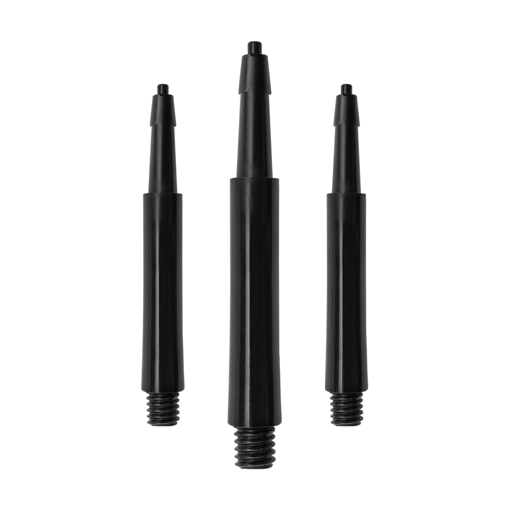HRC12633_Harrows_Clic_Standard_Shafts_Schwarz_23mm_1 Das Bild zeigt drei schwarze Harrows Clic Standard Shafts. Sie sind unterschiedlich lang und haben ein Gewinde am unteren Ende.