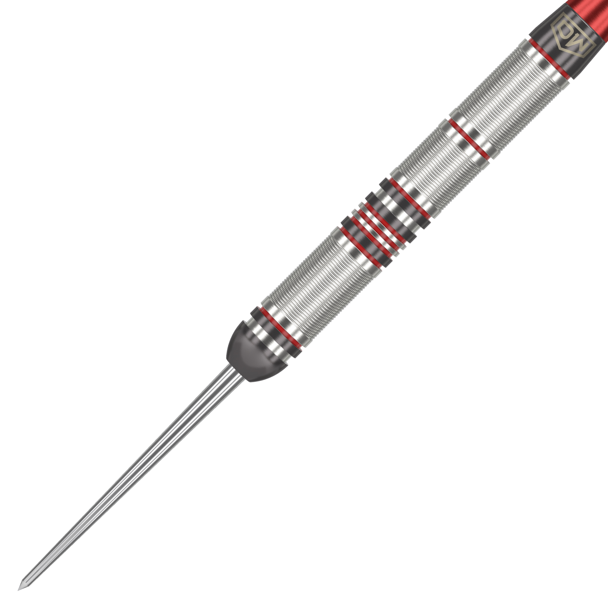 DW Piranha Razor 01 steel darts Das Bild zeigt einen DW Piranha Razor 01 Steeldart. Der Dartpfeil ist silbern mit roten Akzenten und hat eine feine Griffstruktur.