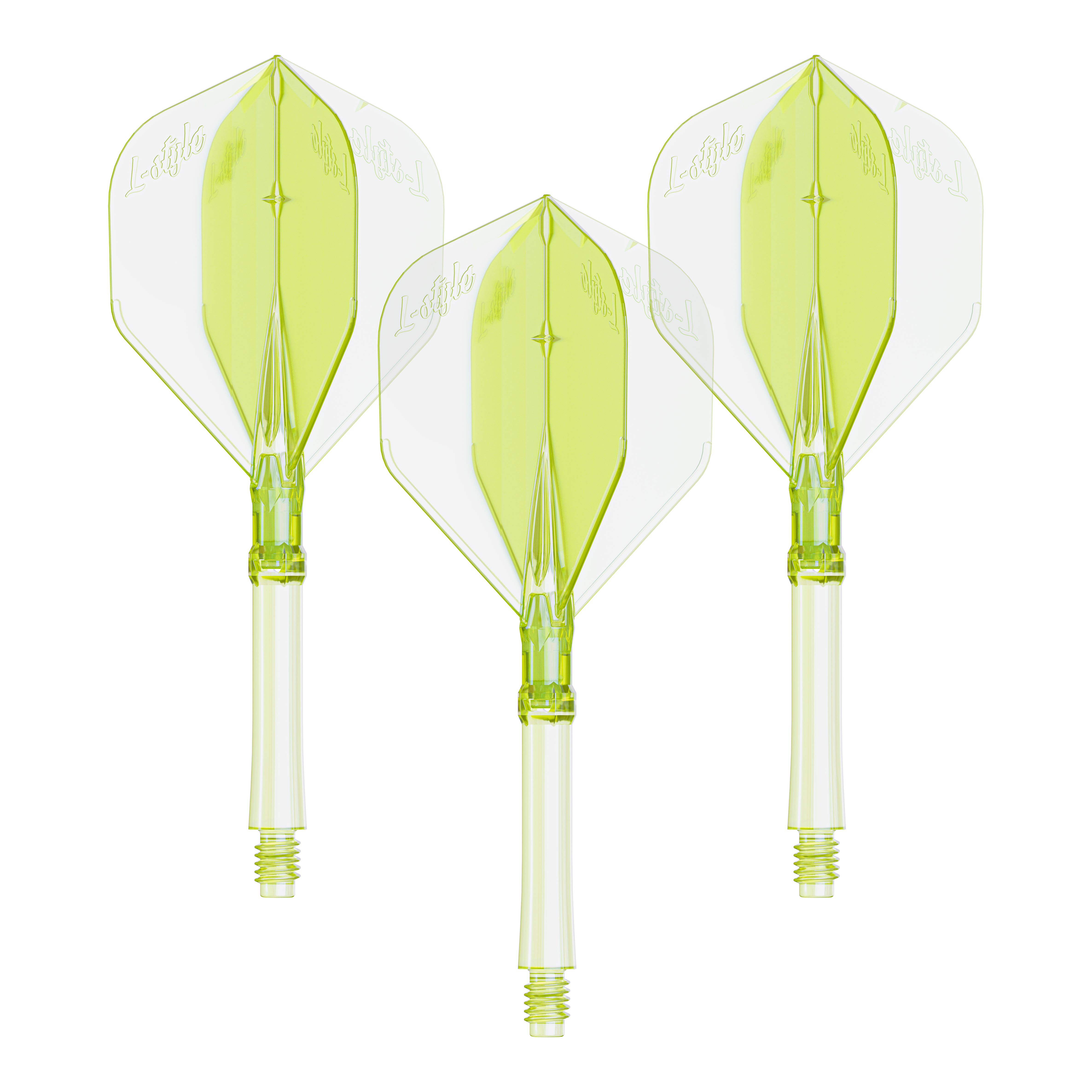 Das Foto zeigt ein Set Dart Flights in Neon-Gelb, große Größe. Die Flights sind für das L-Style L-System geeignet.