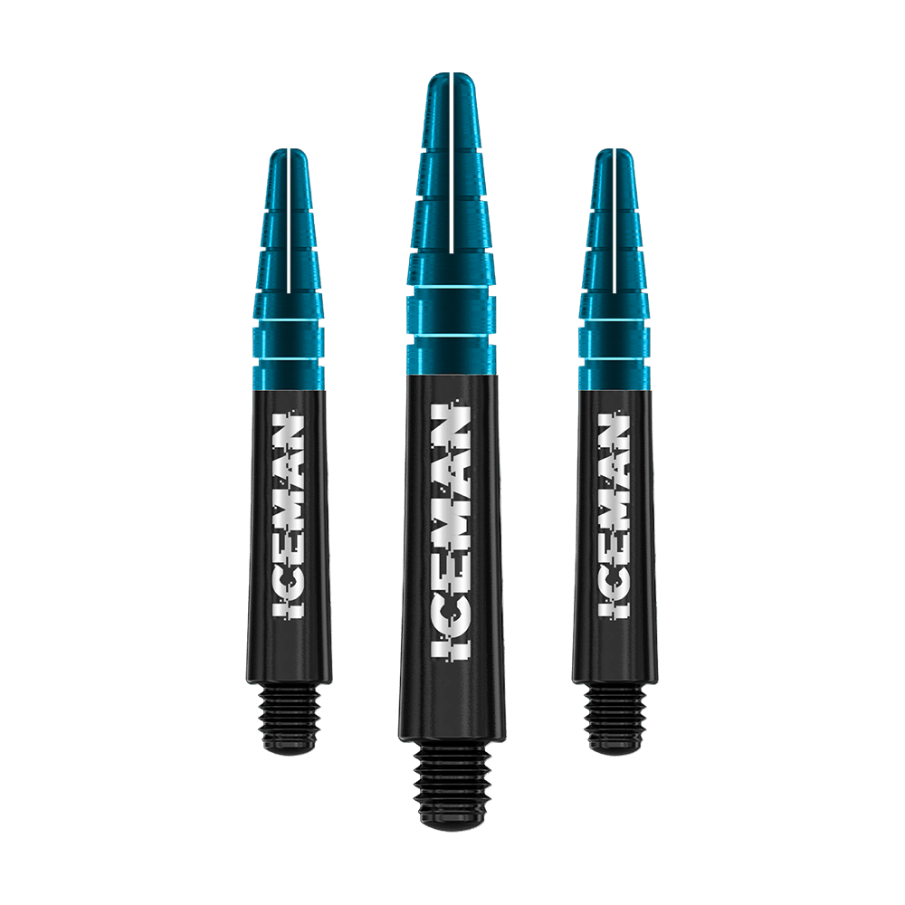C636_Red_Dragon_Nitrotech_Gerwyn_Price_Shafts_Black_36mm_1SZBR6AcD9Ny6L Das Bild zeigt drei schwarze und blaue Dart-Schäfte mit der Aufschrift "ICEMAN". Es handelt sich um das Produkt "Red Dragon Nitrotech Gerwyn Price Black Shafts".