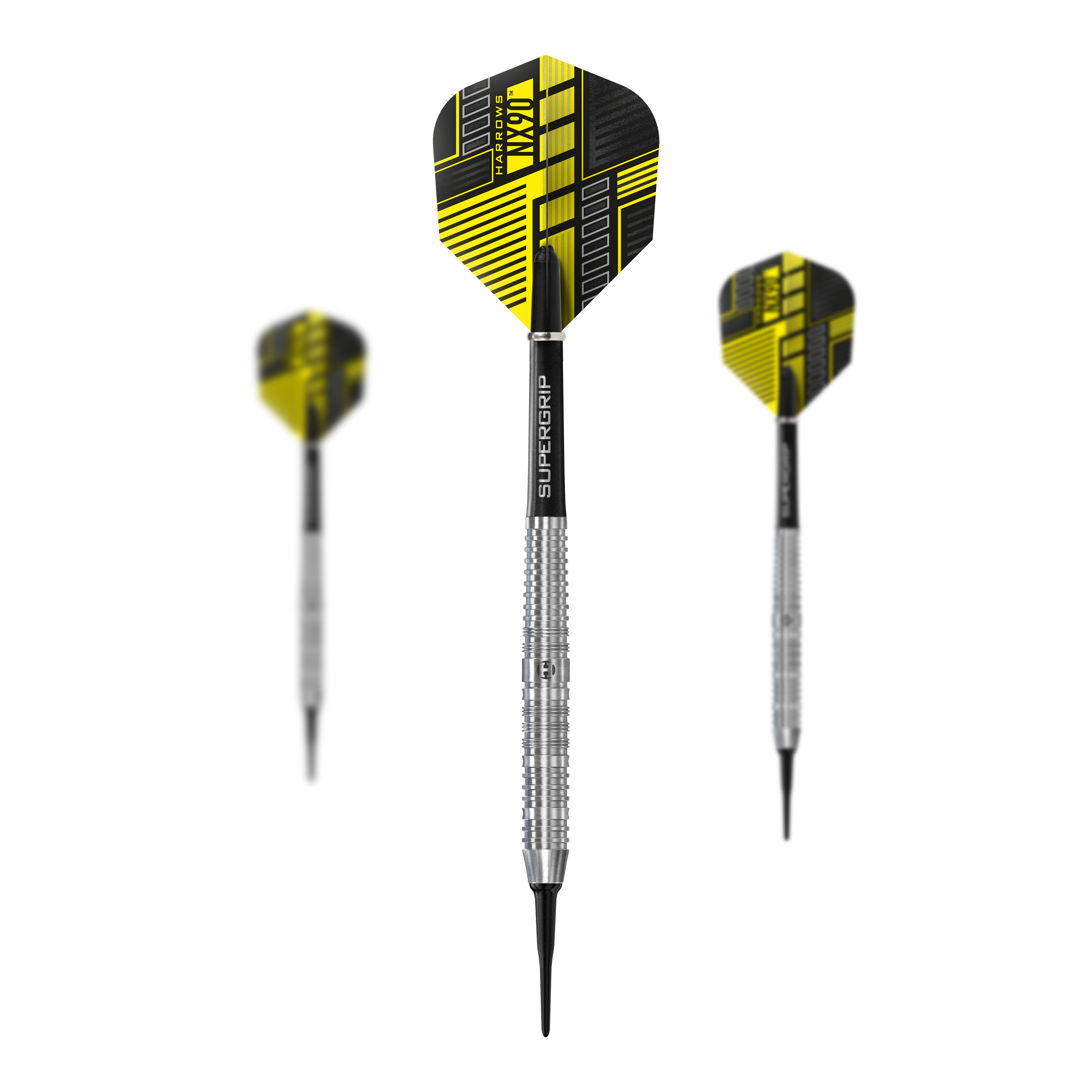 Harrows NX90 Parallel Softdarts Das Bild zeigt drei Softdarts des Produkts "Harrows NX90 Parallel". Die Darts haben gelb-schwarze Flights und silberne, geriffelte Barrels.