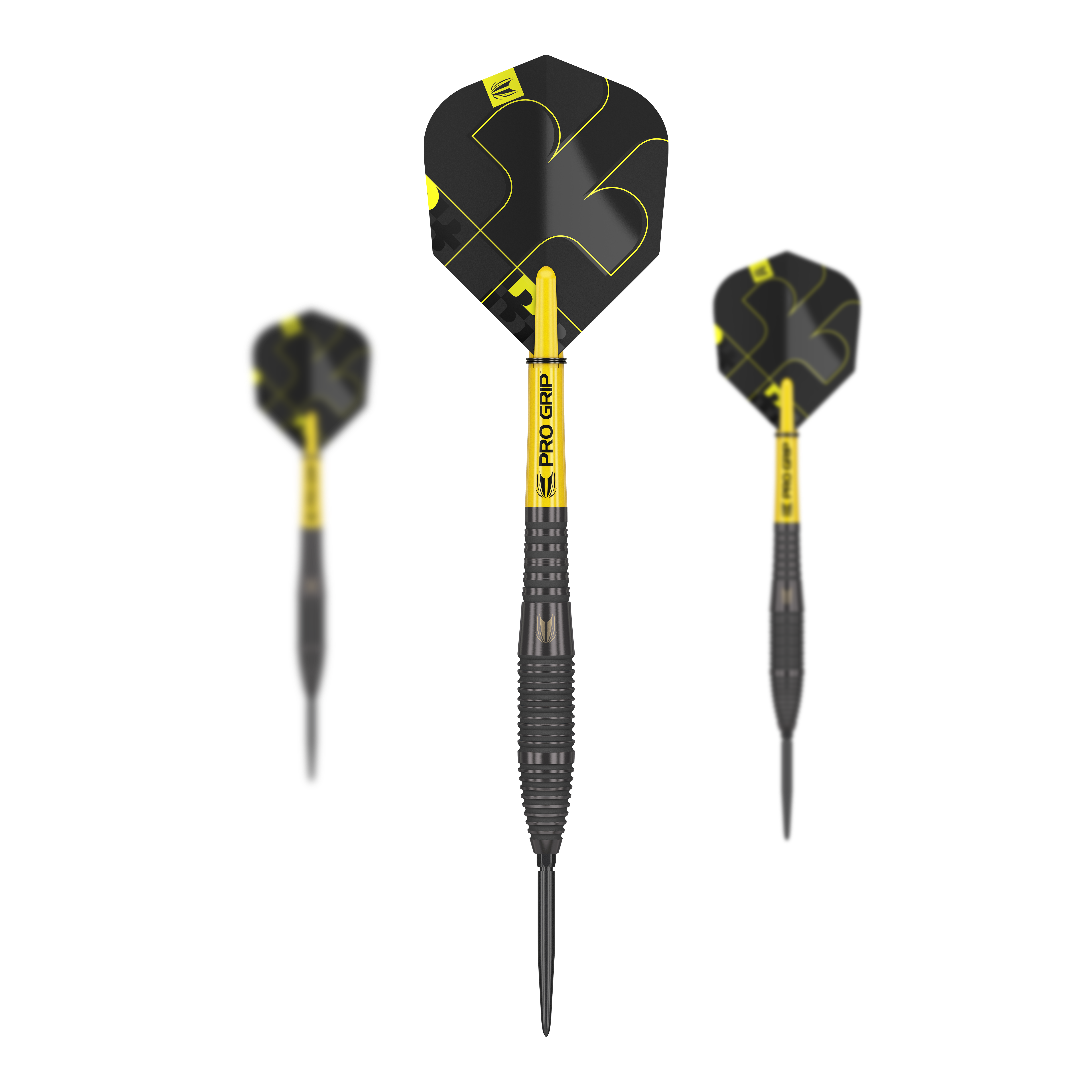 Target Bolide Void 05 Swiss Point steel darts Das Bild zeigt drei Target Bolide Void 05 Swiss Point Steeldarts. Die Darts haben ein schwarzes Design mit gelben Akzenten und der Aufschrift "Pro Grip" auf dem Schaft.