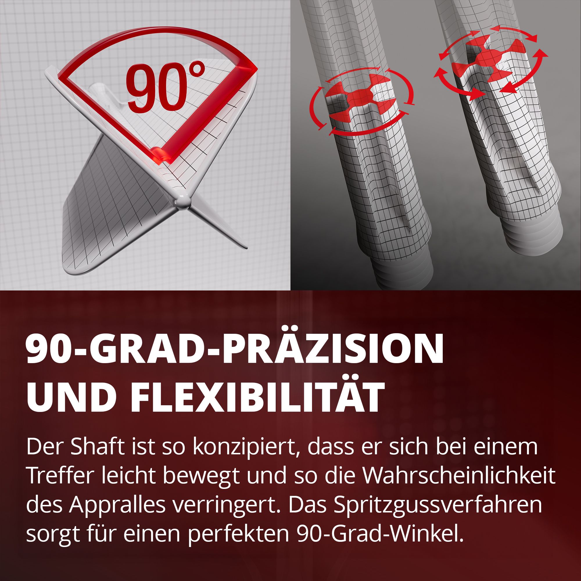 Target K-Flex Dimitri Van Den Bergh No2 Standard Flight Shaft System Das Bild zeigt eine Grafik mit einem 90-Grad-Winkel und einer flexiblen Bewegung von zwei Schäften. Darunter steht ein Text, der die Präzision und Flexibilität des Designs beschreibt.