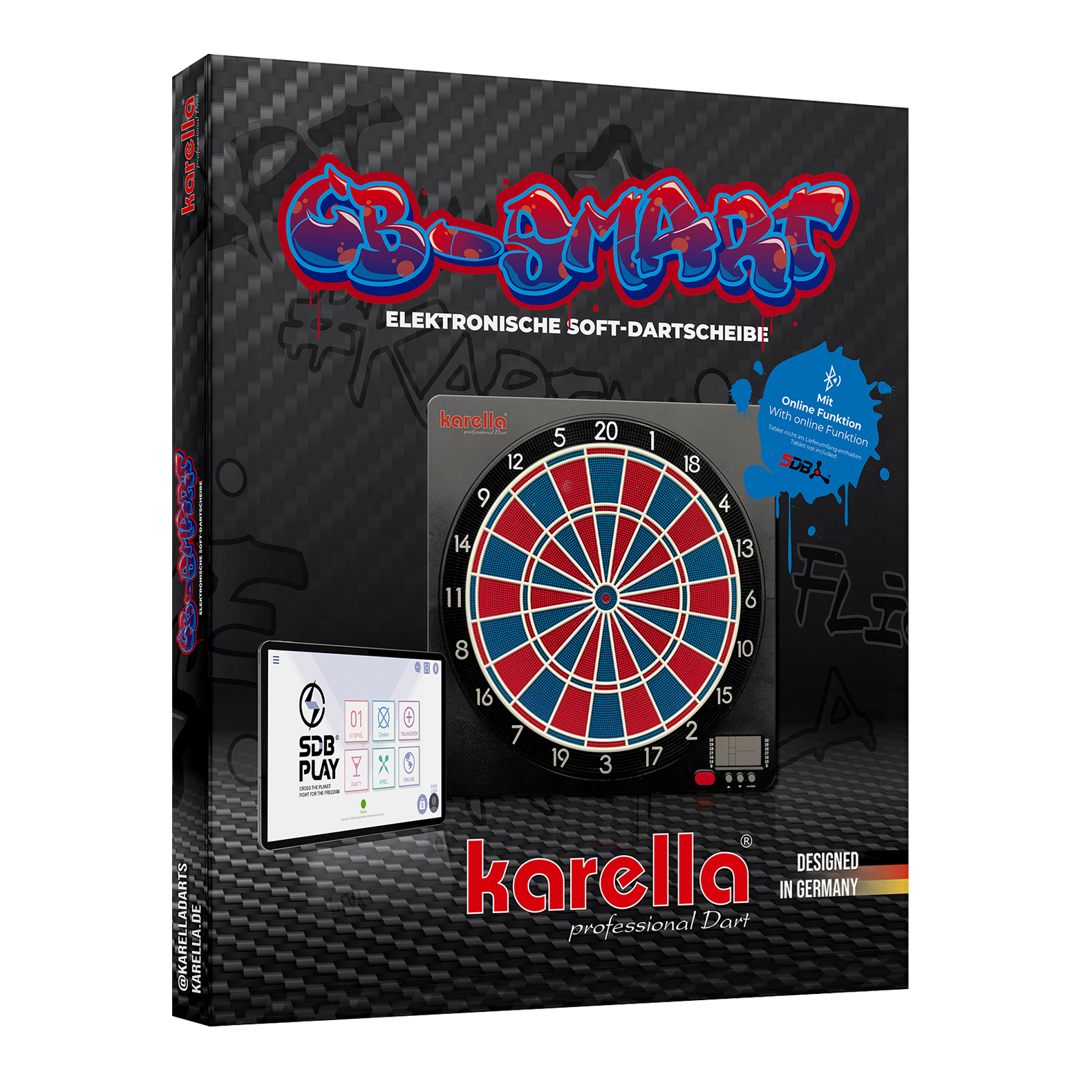 Karella CB-Smart Electronic Soft Dartboard Die Verpackung zeigt die "Karella CB-Smart Elektronische Soft-Dartscheibe". Auf der Vorderseite sind die Dartscheibe und ein Bedienfeld abgebildet, sowie Hinweise auf die Online-Funktion.