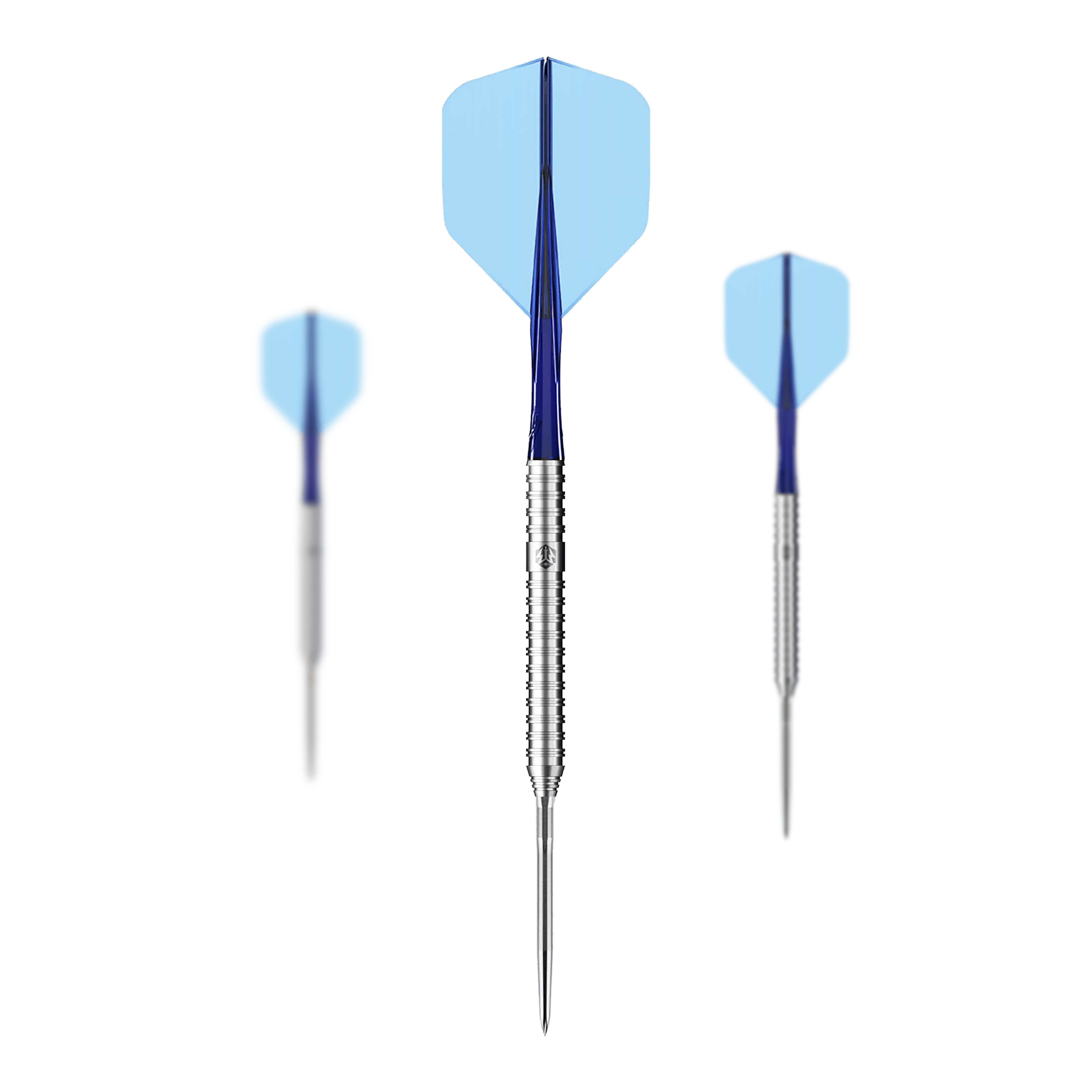 Das Bild zeigt drei Caliburn Forge F3 Steeldarts mit einem Gewicht von 22g. Die Darts haben blaue Flights und silberne, gerillte Spitzen.