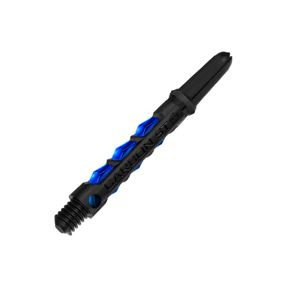 HR414_Harrows_Carbon_ST_Shafts_Blau_40mm_2 Das Bild zeigt einen Harrows Carbon ST Shaft in Blau. Der Schaft besteht aus schwarzem Material mit blauen Akzenten und ist für Dartpfeile geeignet.