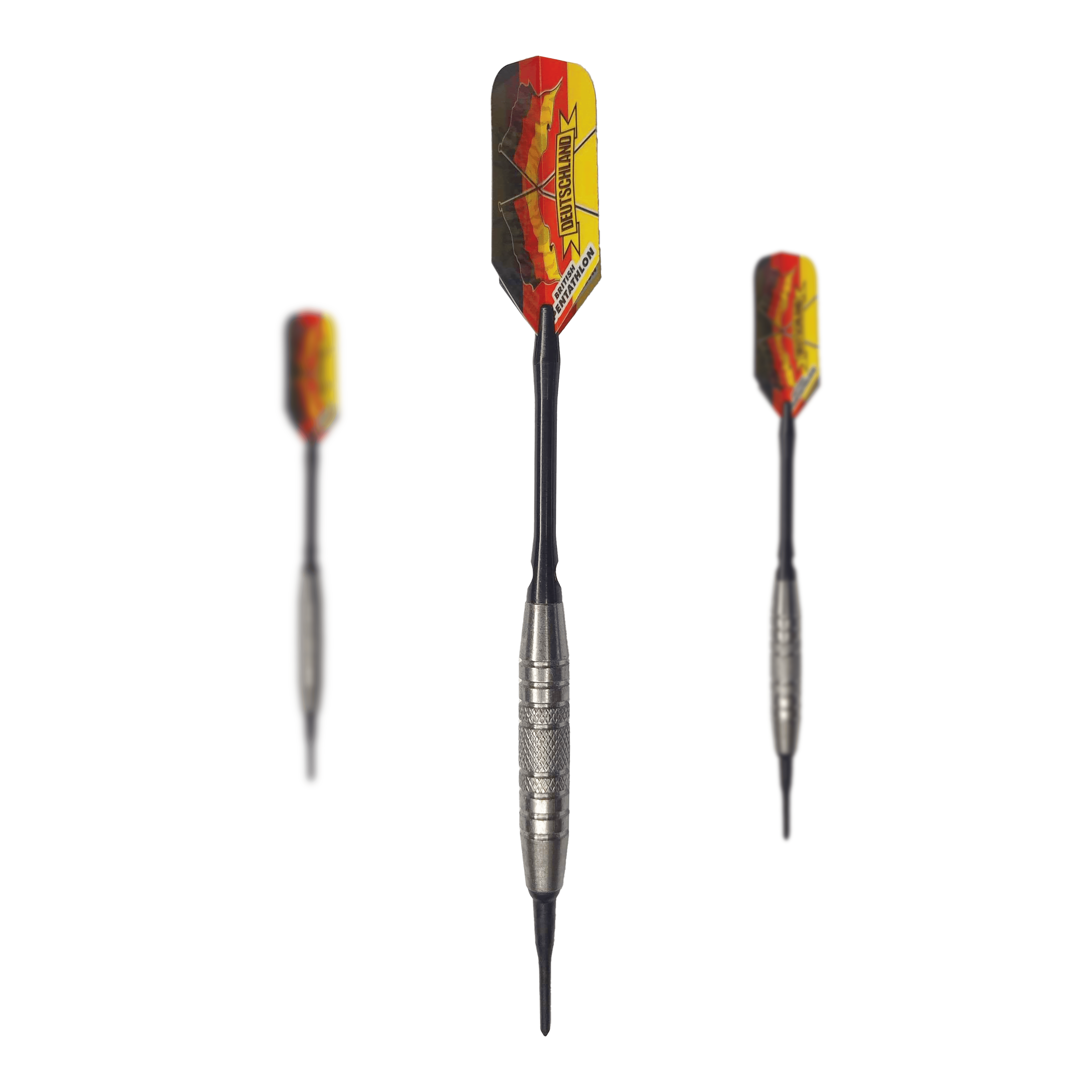 McDart 85 Tungsten V6 Soft Darts - 16g Das Bild zeigt drei Softdarts des Modells "McDart 85er Tungsten V6" mit einem Gewicht von 16g. Die Darts haben silberne Barrels und bunte Flights in Rot-Gelb-Schwarz.