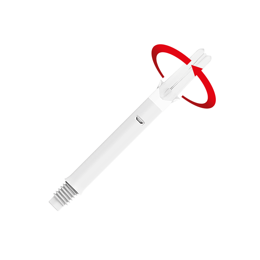 L-L-Style-Shafts Silent Straight - White Das Bild zeigt einen weißen Dartshaft ohne Kappen. Ein roter Pfeil deutet darauf hin, dass sich das obere Ende drehen kann.