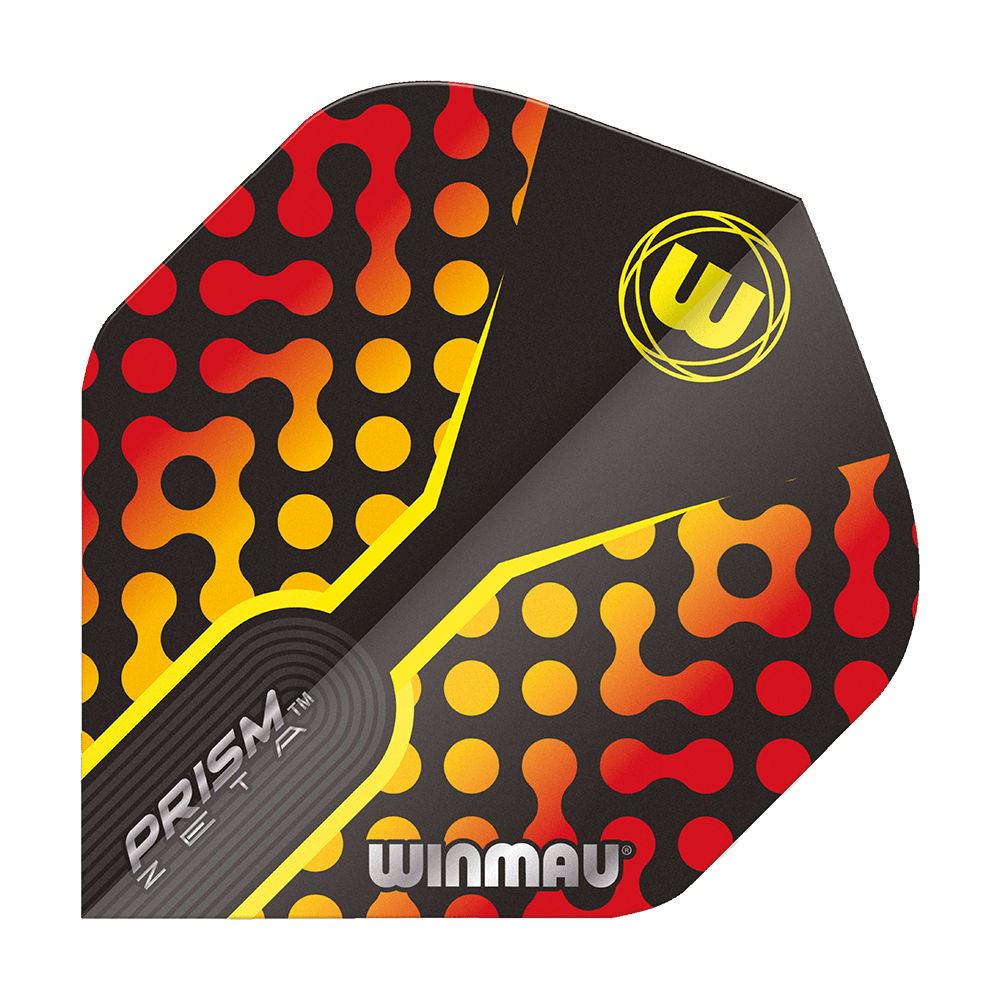 Das Bild zeigt das Produkt "Winmau Prism Zeta RedOrange Standard Flights". Das Design ist schwarz mit roten, gelben und orangefarbenen Punkten und Mustern.