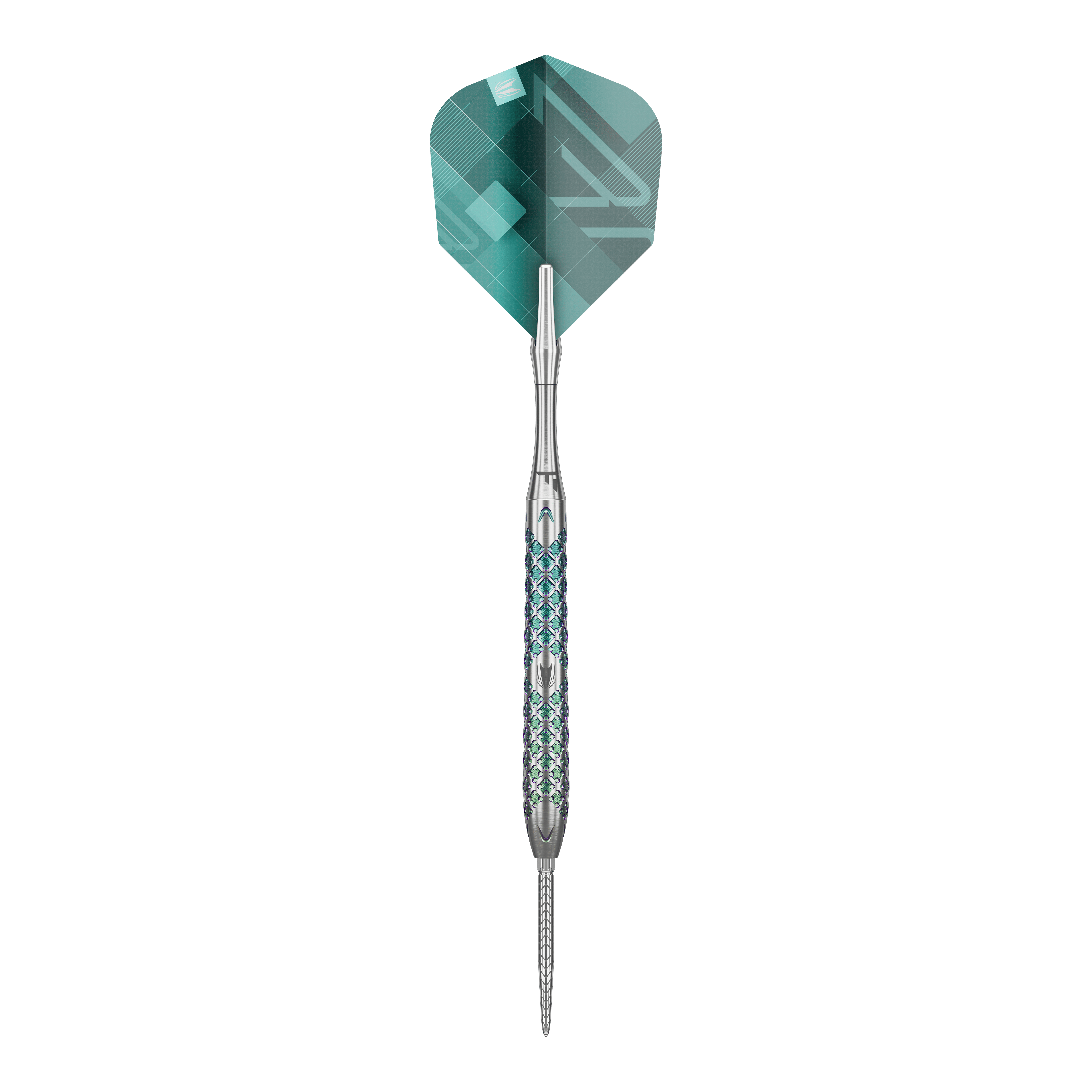Target Rove 03 Swiss Point steel darts Das Bild zeigt einen Target Rove 03 Swiss Point Steeldart. Der Dart hat ein silbernes Metallgehäuse mit blauen Akzenten und eine grüne Flight.