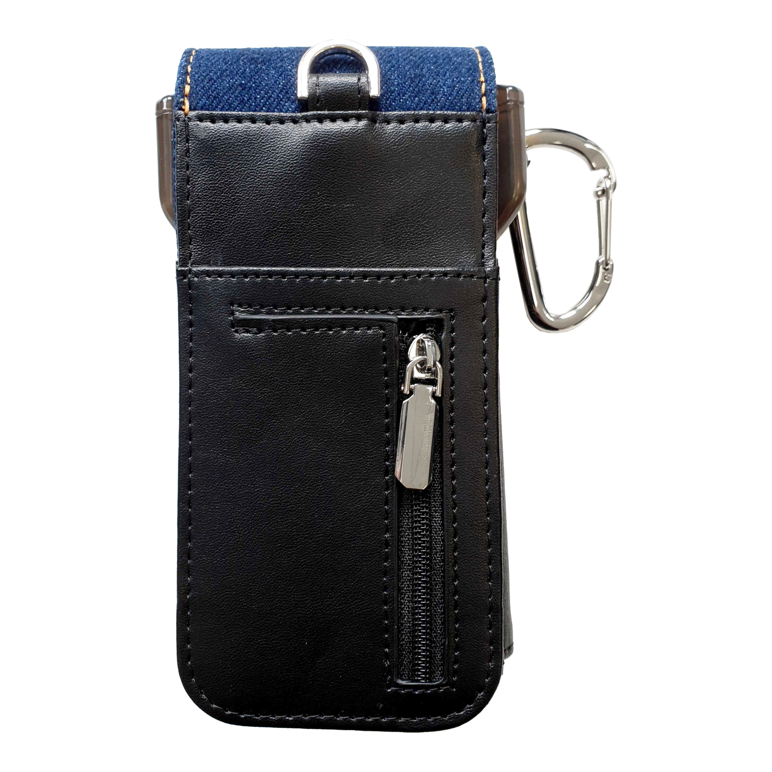 Cameo Acento Denim Dart Case Das Bild zeigt ein elegantes Dart-Etui aus schwarzem Leder mit einem Reißverschlussfach. Am oberen Rand befindet sich ein Karabinerhaken und ein Einsatz aus dunkelblauem Denim-Stoff.