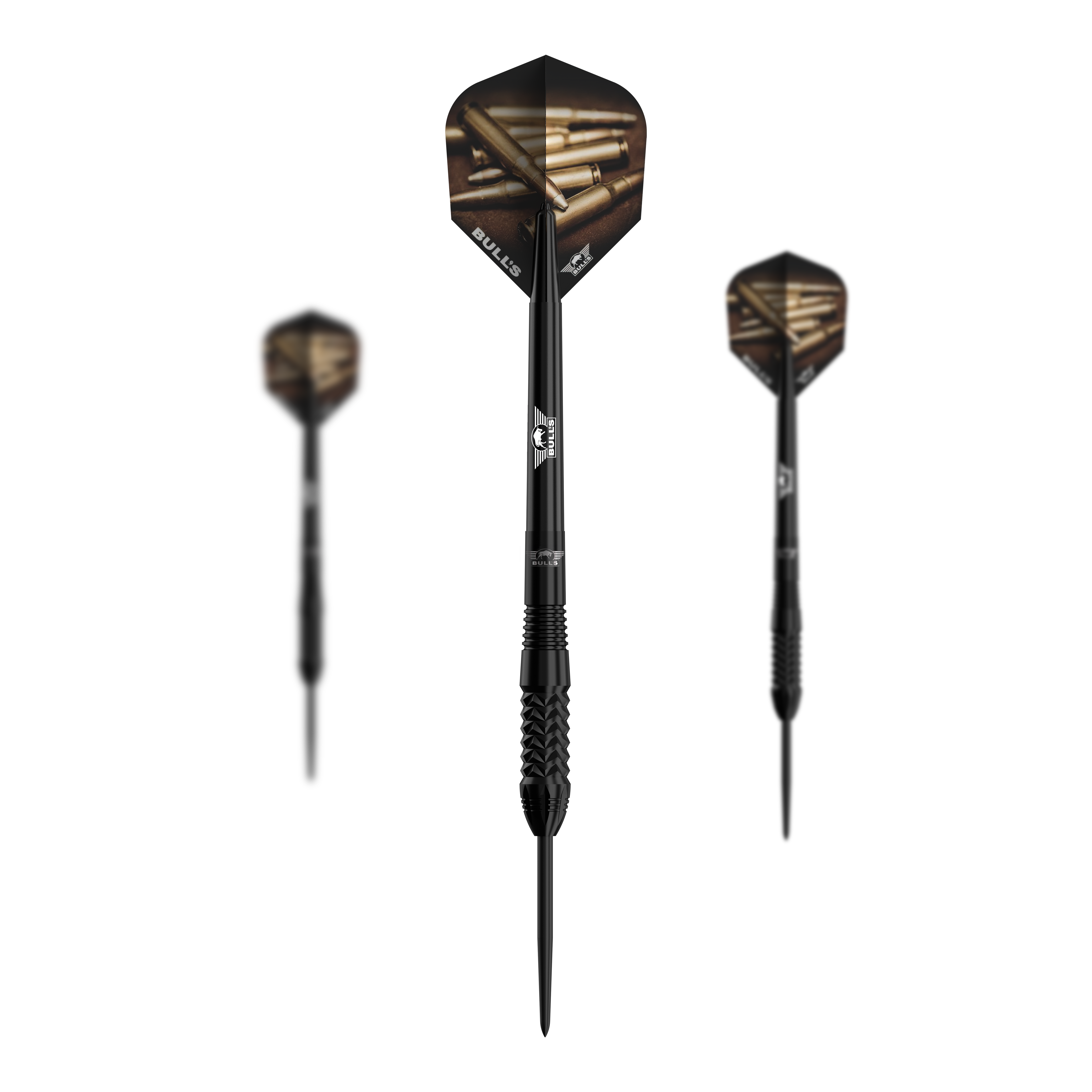 Bulls NL Caliber Black steel darts Das Bild zeigt drei schwarze Steeldarts des Modells "Bulls NL Caliber". Die Flights der Darts haben ein Muster mit Patronenhülsen und das Design ist insgesamt modern und sportlich.