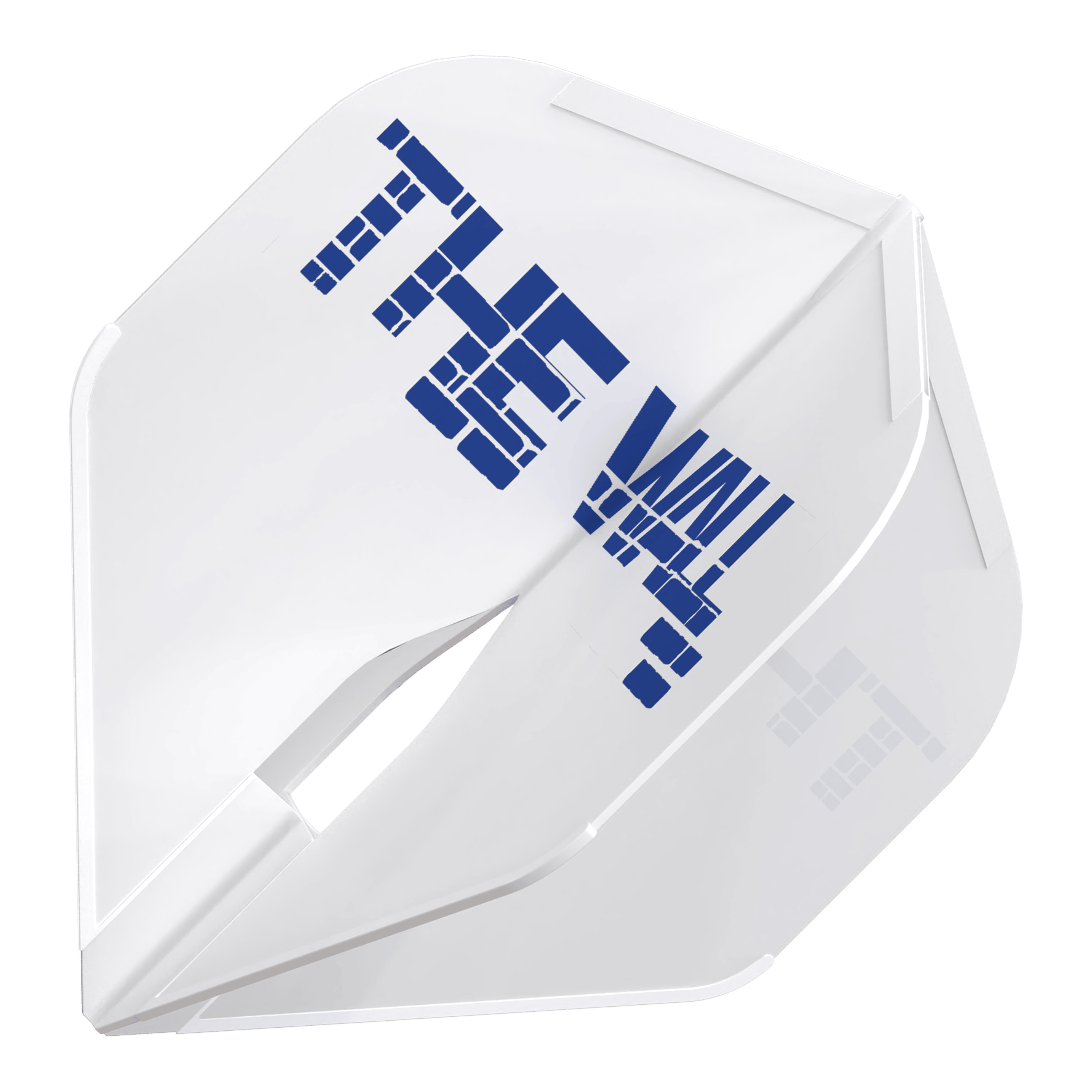 L-Style Martin Schindler White L1PRO Flights Das Bild zeigt einen weißen Dartflight mit der Aufschrift "THE WALL" in blauer Farbe. Es handelt sich um das Produkt "L-Style Martin Schindler Weiß L1PRO Flights".
