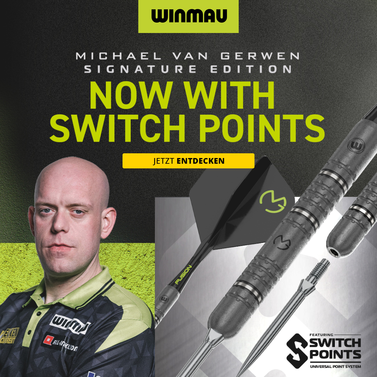 Das Bild zeigt das Produkt mit dem Dateinamen 2026-06_Winmau_MvGSignature_SwitchPoint_Hero. Es handelt sich um ein Produkt, das vermutlich mit Dartsport zu tun hat.