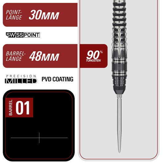 Target Japan Black Marque Blaze Swiss Point Steeldarts - 23g Das Bild zeigt die Target Japan Black Marque Blaze Swiss Point Steeldarts - 23g. Schwarze Steeldarts mit moderner Optik und hoher Qualität.