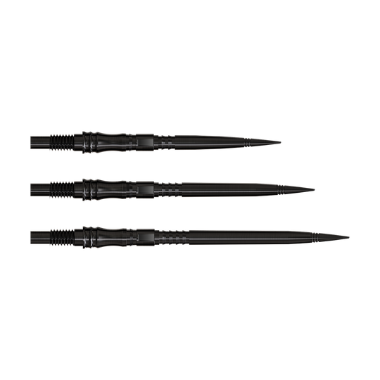Dartspitzen der Apex Axis Black Elite Serie werden gezeigt. Die Spitzen sind dunkel und fein gefertigt.