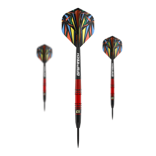 GOAT Athlete Red Brass Steeldarts - 11g Das Bild zeigt den GOAT Athlete Red Brass Steeldart mit einem Gewicht von 11g. Der Dart hat eine auffällige, bunte Flugfeder und einen roten Messingkörper.
