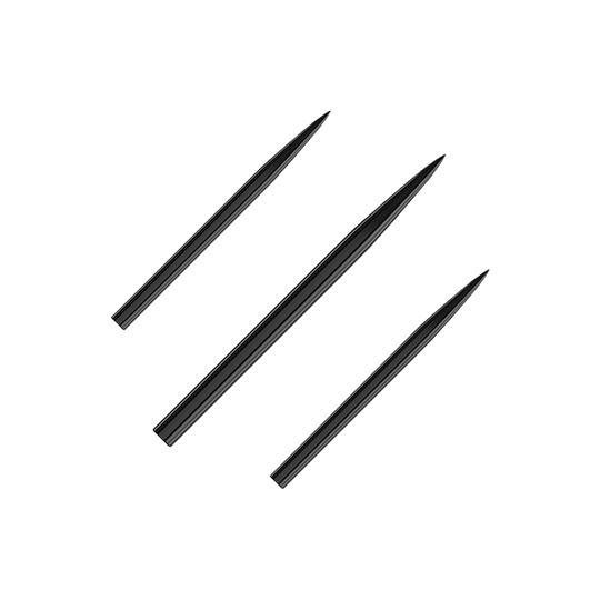 Harrows steel dart tips - black Auf dem Bild sind drei schwarze Stahlspitzen für Darts zu sehen. Sie sind in einer diagonalen Linie angeordnet und haben eine spitze Form.