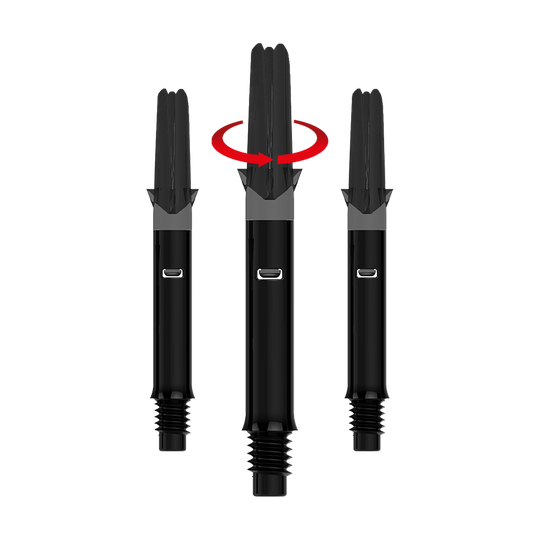 L-L-Style-Shafts Silent Straight - Black Das Bild zeigt drei schwarze Dartshafts ohne Kappen. Über dem mittleren Shaft befindet sich ein roter Pfeil, der eine Drehbewegung anzeigt.