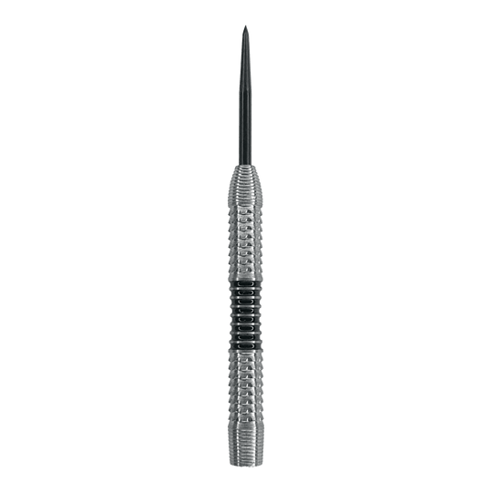 McDart Black Stripe 2 steel dart barrels - 22g Das Bild zeigt einen silbernen Steeldart-Barrel mit einer schwarzen Griffzone in der Mitte. Es handelt sich um das Produkt "McDart Black Stripe 2 Steeldart-Barrels - 22g".