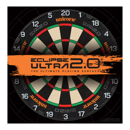 Unicorn Eclipse Ultra 2.0 steel dartboard Das Bild zeigt eine Unicorn Eclipse Ultra 2.0 Steeldartboard. In der Mitte ist ein orangefarbener Streifen mit dem Schriftzug "Eclipse Ultra 2.0 – The Ultimate Playing Surface".