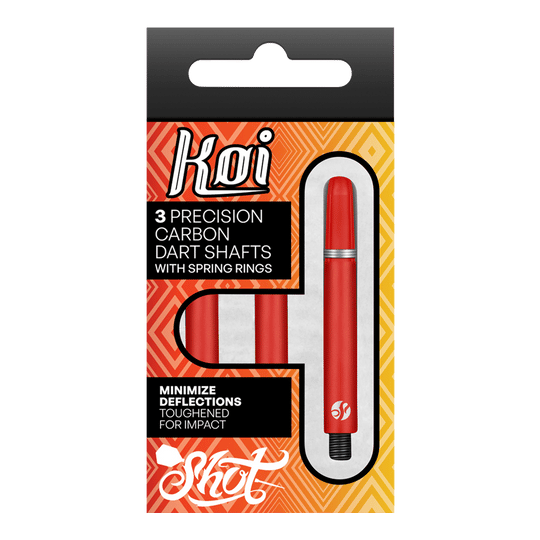 Shot Koi Carbon Shafts - Red Die Verpackung zeigt drei präzise Koi Carbon-Dartschäfte in Rot. Sie sind für minimale Ablenkung und hohe Schlagfestigkeit ausgelegt.