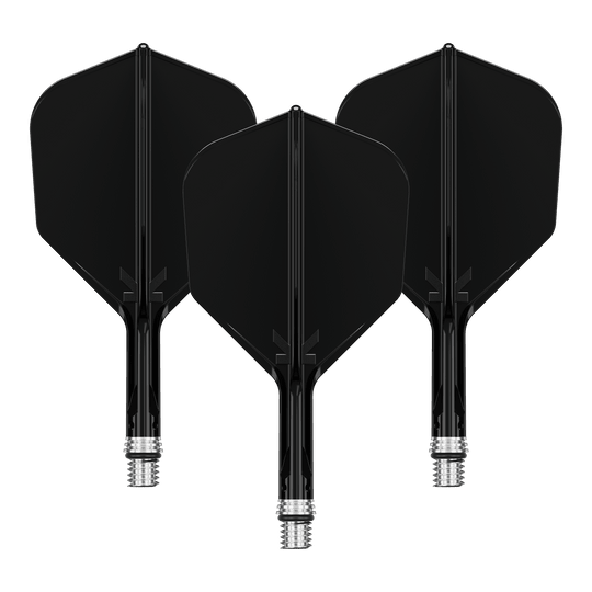 Das Bild zeigt ein Set schwarzer KShift No6 Flights mit 19mm Länge für Darts. Die Flights stammen von der Marke Target.