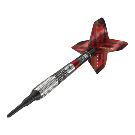 Target Stephen Bunting GEN5 Soft Darts - 18g Das Bild zeigt einen Target Stephen Bunting GEN5 Softdart mit einem Gewicht von 18g. Der Dartpfeil hat ein silbernes Griffstück mit roten und schwarzen Akzenten sowie einer auffälligen roten Flights.