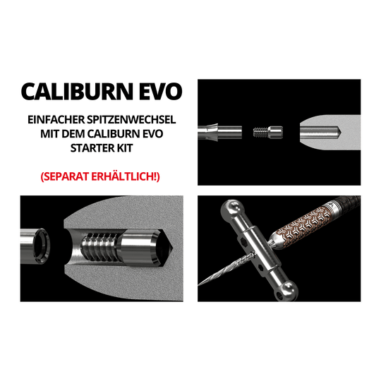 Caliburn System steel dart tips - Ripple - NoLip - silver Das Bild zeigt das Produkt "Caliburn System Spigot - 2,33 mm" mit detaillierten technischen Zeichnungen. Es ist darauf hingewiesen, dass das Produkt separat erhältlich ist.