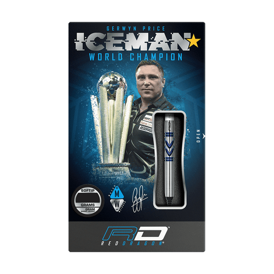RD2542_Red_Dragon_Gerwyn_Price_Avalanche_Pro_Softdarts_3 Auf dem Bild ist die Verpackung der "Red Dragon Gerwyn Price Avalanche Pro Softdarts - 20g" zu sehen. Auf der Verpackung sind außerdem ein Porträt von Gerwyn Price und eine große Trophäe abgebildet.