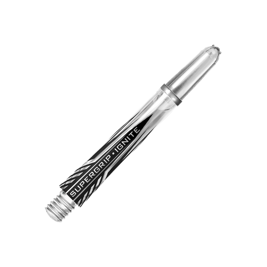 Dies ist ein klarer Harrows Supergrip Ignite Shaft. Der Schaft hat ein modernes Design mit schwarz-weißen Akzenten und der Aufschrift "SUPERGRIP IGNITE".