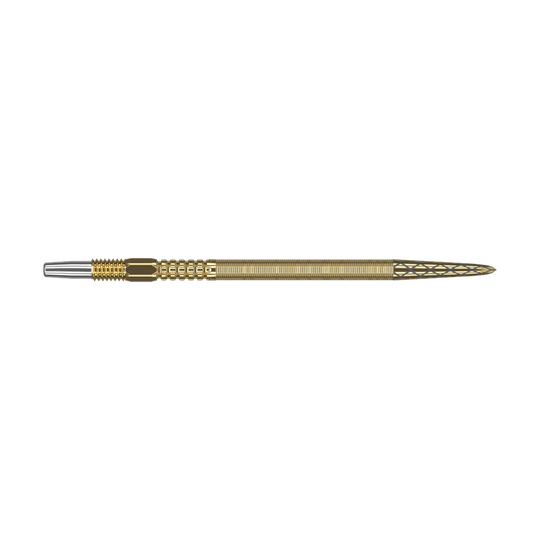 Target Swiss Point DX dart tips - gold Das Bild zeigt eine goldene Dartspitze mit feinen Rillen und detailliertem Muster. Sie hat am Ende eine silberne Metallspitze.
