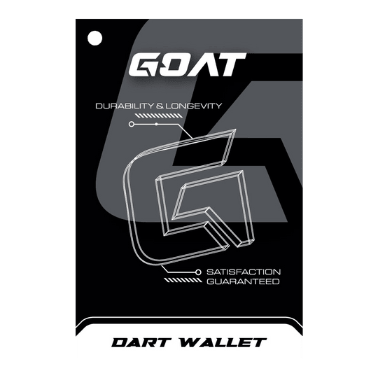 GOAT Locker XL Dartwallet Das Bild zeigt die Verpackung des Produkts "GOAT Locker S Dartwallet". Es hebt die Eigenschaften Langlebigkeit und Zufriedenheit hervor.