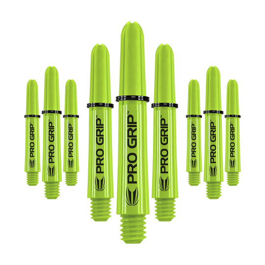 Target Pro Grip Shafts - 3 Sets - Lime Green Auf dem Bild sind mehrere limegrüne Pro Grip Dartschäfte zu sehen. Sie sind in drei Sets angeordnet und tragen die Aufschrift "PRO GRIP".