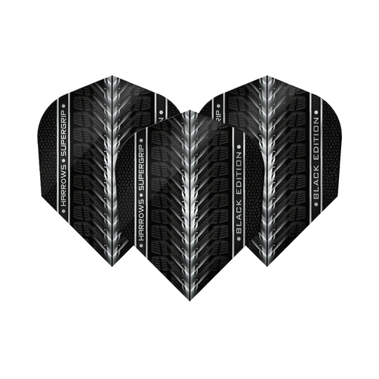 Harrows Supergrip Black Edition No6 Flights Das Bild zeigt die "Harrows Supergrip Black-Edition No6 Flights" in einem schwarzen Design mit silbernen Akzenten. Die Flights haben eine strukturierte Oberfläche und den Schriftzug "Harrows Supergrip Black Edition".