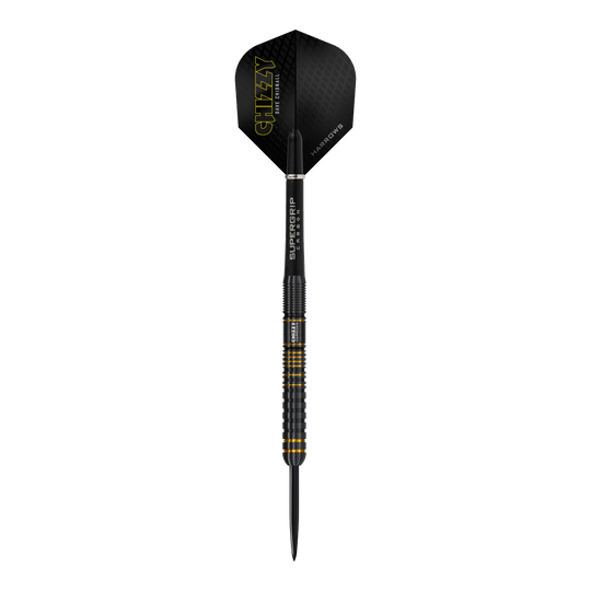 Harrow's Dave Chisnall Chizzy Series 3 steel darts Das Bild zeigt den Harrows Dave Chisnall Chizzy Series 3 Steeldart. Der Dart ist schwarz mit gelben Akzenten und hat den Schriftzug "CHIZZY" auf dem Flight.