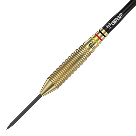 Auf dem Bild ist ein Bulls Martin Schindler The Wall Brass Steeldart zu sehen. Der Dart besitzt einen messingfarbenen, geriffelten Griffbereich und eine schwarze Spitze.
