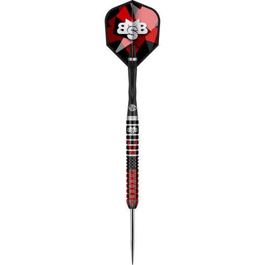 Shot Michael Smith Defiant Steeldarts Auf dem Bild ist ein Dartpfeil mit einer rot-schwarzen Farbgebung zu sehen. Der Flights trägt das weiße Logo "BBS" auf einem geometrischen Muster.