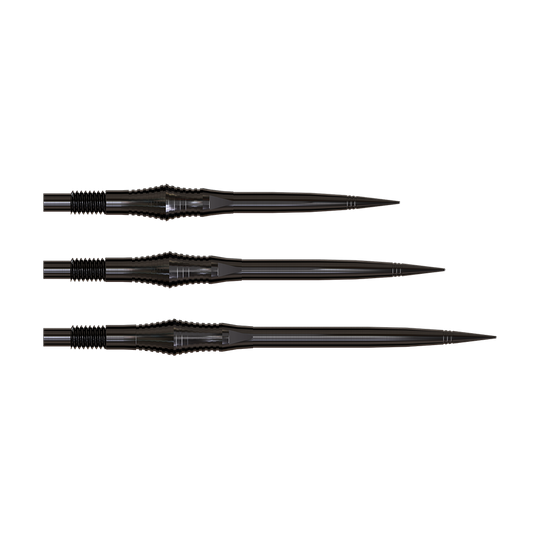 Harrows Quick Point Spire Elite Series Dartspitzen in Schwarz. Die Spitzen sind schlank und dunkel gefärbt.
