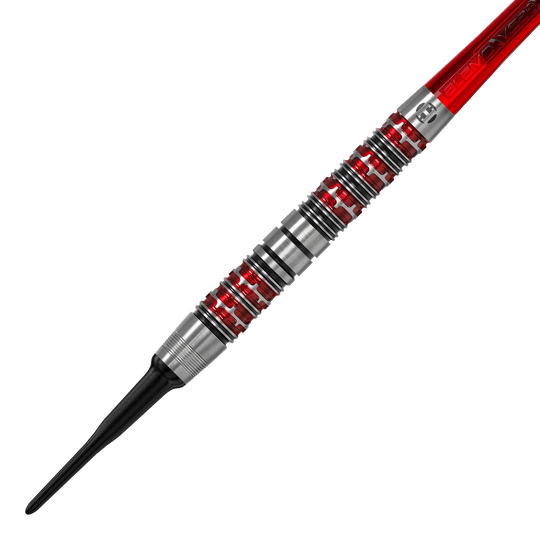Harrow's Damon Heta Series 3 soft darts Dies ist ein Harrows Damon Heta Series 3 Softdart. Der Dartpfeil hat ein silbernes Griffstück mit roten Akzenten und einer schwarzen Spitze.