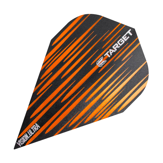 Das Bild zeigt ein Dartflugblatt namens "Target Vision Ultra Spectrum Orange Vapor Flights". Es hat ein schwarzes Design mit auffälligen orangefarbenen Streifen und trägt den weißen Schriftzug "TARGET".