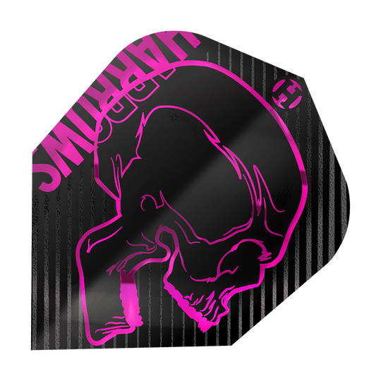 Harrows Rage Pink No6 Flights Das Bild zeigt das Produkt "Harrows Rage Pink No6 Flights". Es ist ein schwarzes Dartflight mit einem pinken Totenkopf und pinken Streifen.